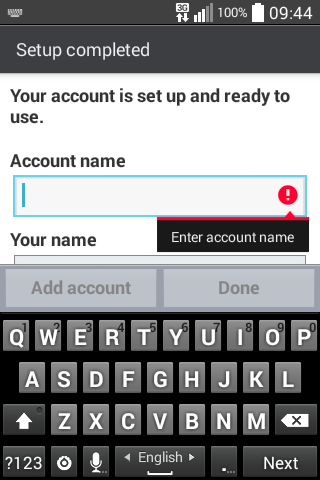 Screenshot: Setup completed Account name